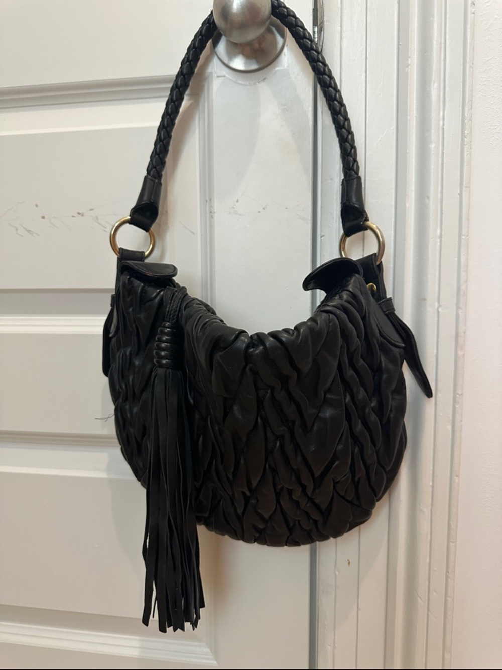 Black chevron stitch Leather Hobo Bag with Tassel